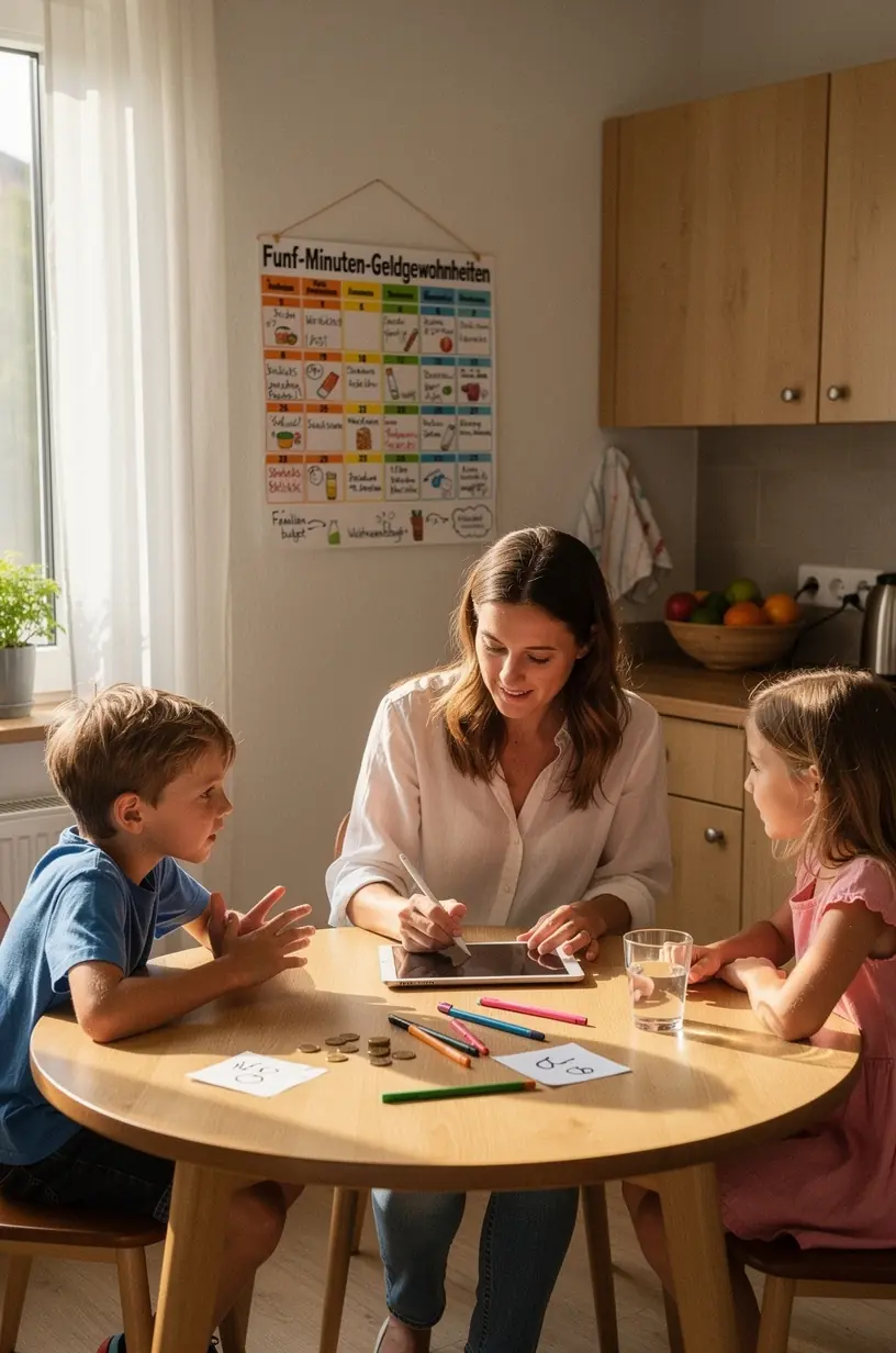 Familie überprüft gemeinsam übersichtlich das Tagesbudget mit Notizblock und Taschenrechner zur einfachen Abstimmung von Einkäufen, Kinderkosten, Freizeit und Haushaltsausgaben.
